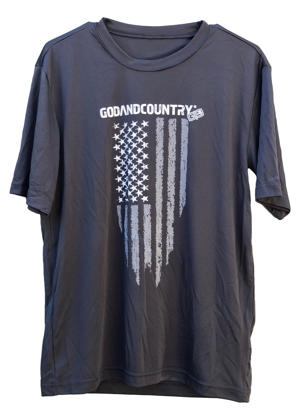 Mens Short Sleeve Sport Tek United As Intended Patriotic Distressed American Flag Shirt [Gray]