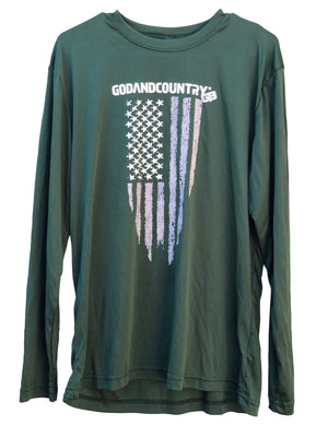 Long Sleeve United As Intended Patriotic Shirt with Distressed American Flag [Forest Green]