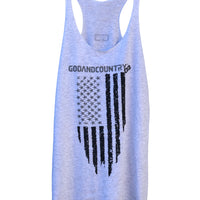 Ladies Racerback United As Intended Patriotic Tank with Distressed American Flag [Heather White]