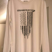 Long Sleeve United As Intended Patriotic Shirt with Distressed American Flag [White]